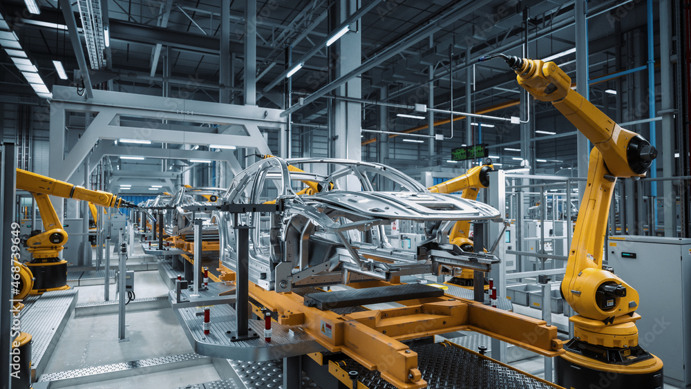 Poster car factory 3d concept: automated robot arm assembly line manufacturing high-tech green energy elect