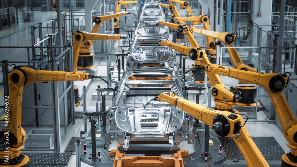 Poster car factory 3d concept: automated robot arm assembly line manufacturing high-tech green energy elect