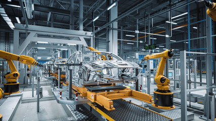 Car Factory 3D Concept: Automated Robot Arm Assembly Line Manufacturing High-Tech Green Energy...