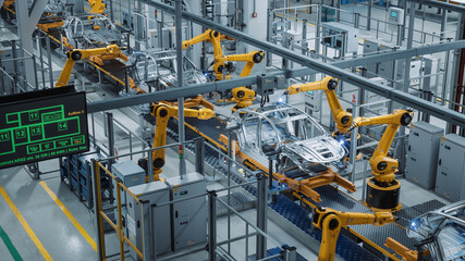 Car Factory 3D Concept: Automated Robot Arm Assembly Line Manufacturing High-Tech Green Energy...