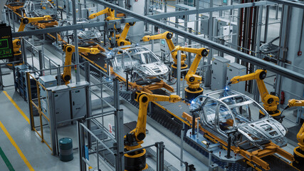 Car Factory 3D Concept: Automated Robot Arm Assembly Line Manufacturing High-Tech Green Energy Electric Vehicles. Construction, Building, Welding Industrial Production Conveyor. Elevated Wide Shot - obrazy, fototapety, plakaty