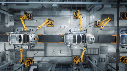 Aerial Car Factory 3D Concept: Automated Robot Arm Assembly Line Manufacturing Advanced High-Tech...