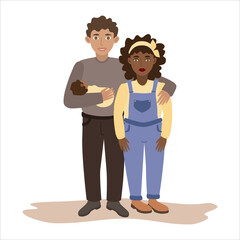 Interracial family. Young parents with a newborn. Happy family together. An African American woman and a white man embrace a baby in their arms. Vector illustration in cartoon flat style