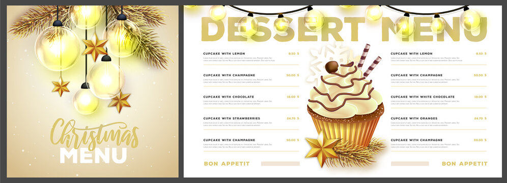Restaurant Christmas holiday dessert menu design with christmas desoration. Vector illustration