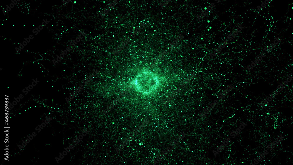 Poster minimalistic modern abstract space design 8k. dark abstract background with green glowing particles 