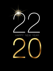 Happy New Year 2022 banner. Elegant design of white and gold number on a black background. Christmas night. Design of new logo 2021. Elements for calendar and greeting card, text, mobile application