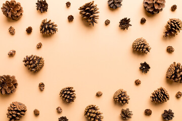 minimal creative cone frame arrangement pattern on colored background . flat lay, top view. christmas background with copy space