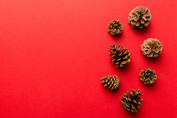 Christmas pine cones on colored paper border composition. Christmas, New Year, winter concept. Flat lay, top view, copy space
