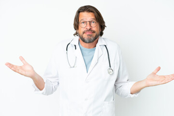 Senior dutch man isolated on white background wearing a doctor gown and having doubts