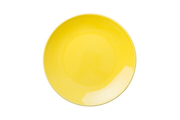 Yellow ceramic round plate isolated over white background. Top view