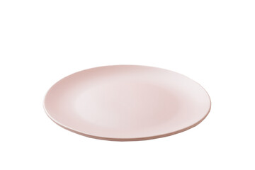 Pink ceramic round plate isolated over white background. perspective view