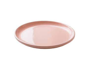 Pink ceramic round plate isolated over white background. perspective view