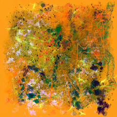 Abstract painted texture with splashes drops smudges spots blots on yellow orange background Scribbles doodles line art and graffiti Scribble trend