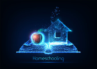 Futuristic Homeschooling, Online studying concept with glowing low polygonal house, apple and open book