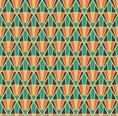 Seamless Pattern design with a minimalist art deco style with bright blue, yellow and orange colors. Background with a pattern of yellow rhombuses