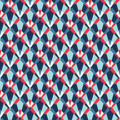 Seamless Pattern design with an art deco style in blue, red and white. Background with a modern square geometric pattern in bright and colorful tones