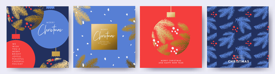 Merry Christmas and Happy New Year Set of greeting cards, posters, holiday covers. Elegant Xmas design in blue, red and gold colors with hand drawn pine branches, Christmas ball and brush painted snow - obrazy, fototapety, plakaty