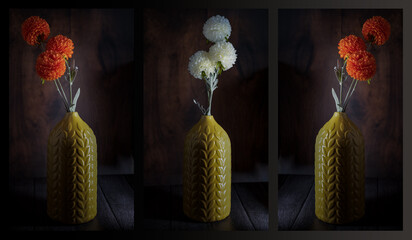 Triptych of flowers in a vase isolated against a wood effect bac