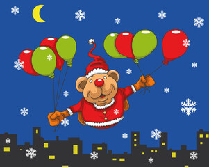 Ourson de Noël qui vole avec des ballons gonflables