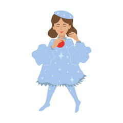Abstract winter girl character. Christmas fairy in a blue dress with glitter, holding a Christmas ball in her hand. Magic winter girl in the image of a snowflake. Cartoon flat vector illustration. Win