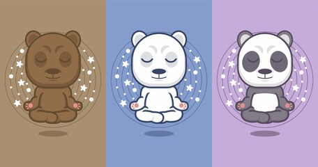 Polar bear and cute cartoon panda meditating in yoga style. vector illustration for mascot logo or sticker