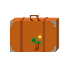 The suitcase is leather, brown, retro,isolated on a white background.Decorated with palm trees.Vector bright illustration .
