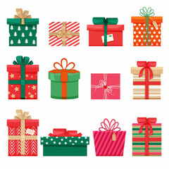 Christmas presents set, different boxes with ribbons. Colorful gift boxes for decoration design on white background. Vector illustration in flat style