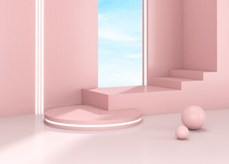 Abstract scene background. Cylinder podium on pink background. Product presentation, mock up, show cosmetic product, Podium, stage pedestal or platform. 3d illustration.