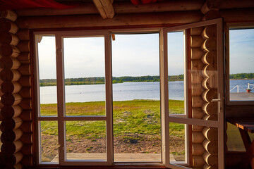 Big wooden window with frame and nature background