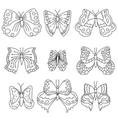 Set of nine butterflies fantasy outline, doodle coloring page for toddlers insect world