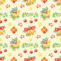 Watercolor seamless christmas decorations pattern isolated on yellow background.Perfect for package design,gift wrapping paper.