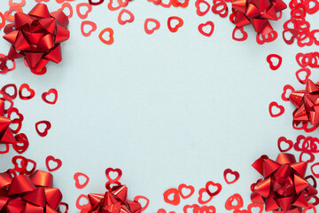 Heart shape red confetti and red ribbon boes, Valentines Day background mock up