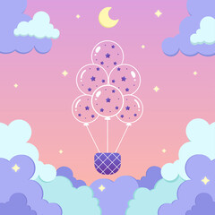 Cute baloon airship in cloudy sky in flat style vector illustration