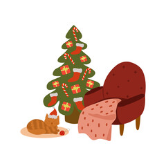 Cozy armchair with a blanket near the Christmas tree. The ginger cat lies on the rug. Christmas interior with a festive atmosphere. Cozy winter season. Vector illustration in flat hand drawn cartoon s
