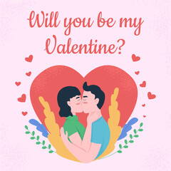 Romantic proposal social media post mockup. Will you be my Valentine phrase. Web banner design template. Love booster, content layout with inscription. Poster, print ads and flat illustration