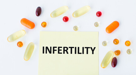 text INFERTILITY on a card on a white background next to scattered colored tablets, medical concept