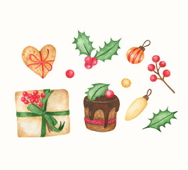 Watercolor christmas set.Hand drawn watercolor illustration with gingerbread heart cookie,christmas cake,christmas toy,garland,gift box,holly berry,holly leaf.
