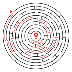 Education logic game circle labyrinth for kids. Find right way. Isolated simple round maze black line on white background. With the solution. Vector illustration.