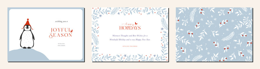 Merry and Bright Horizontal Holiday cards. Christmas, Holiday templates with greetings, penguin, birds, ornate floral frame with copy space and floral background. © KatyaKatya
