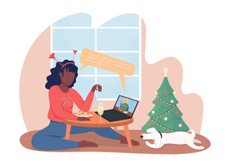 Virtual Christmas dinner 2D vector isolated illustration. Girl on video call with friend flat characters on cartoon background. Social distancing on festive holidays colourful scene