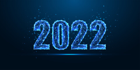 Fototapeta na wymiar Abstract 2022 Happy New Year digital web banner template in futuristic glowing polygona