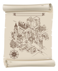 Medieval Town Map Scroll Vintage Illustration