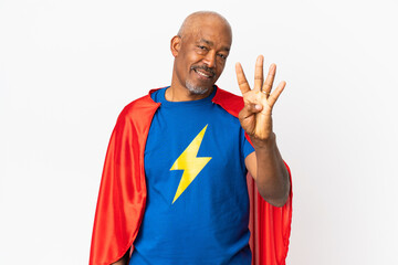 Super Hero senior man isolated on white background happy and counting four with fingers