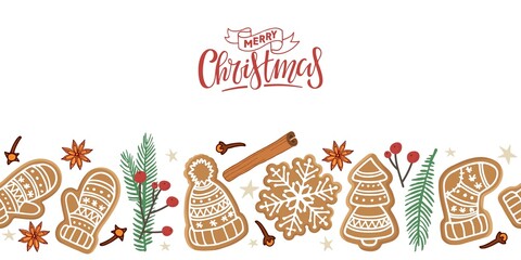 Merry Christmas Seamless gingerbread border. Cookies of different shapes with winter decor, spices, red berries, spruce twigs with text for invitation, card. Cartoon flat vector illustration