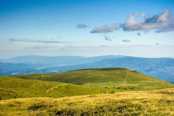 Obraz premium grassy mountain hills in evening light. beautiful scenery with clouds on the blue sky. wonderful nature background.