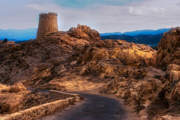 isle rousse  or red isle ,corsica ,France , showing watch tower  ,landscape and travel ,holiday destination .
