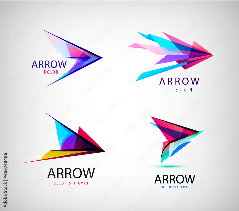 Poster vector set of abstract arrows, play logos. multicolor crystal pointer icons.