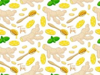 Seamless pattern with hand drawn ginger root, lemon slice, honey, mint leaf. Healthy tea ingredient, alternative medicine. Organic healthy food background for wallpaper, harvest festival, cover design