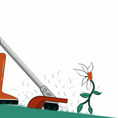 The lawn trimmer cuts the grass. A cartoon flower runs away from him in horror.