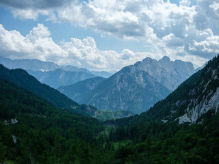 Fototapeta na wymiar summer mountain tops and peaks under blue cloudy sky in Slovenia national Triglav park